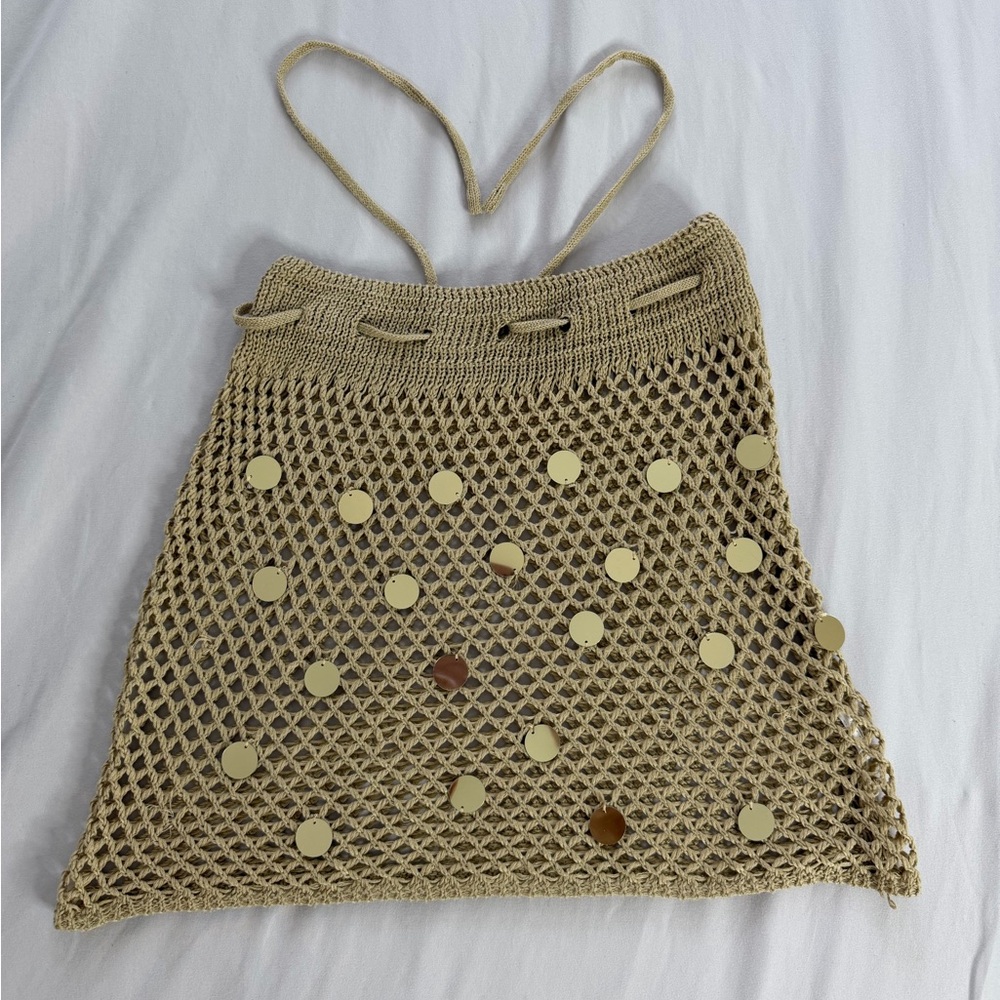 Beige Crochet Mesh Cover up with Gold Accents